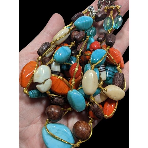 Bohemian Multilayer Blue And Orange Glass And Wood Beaded Necklace - Picture 5 of 10